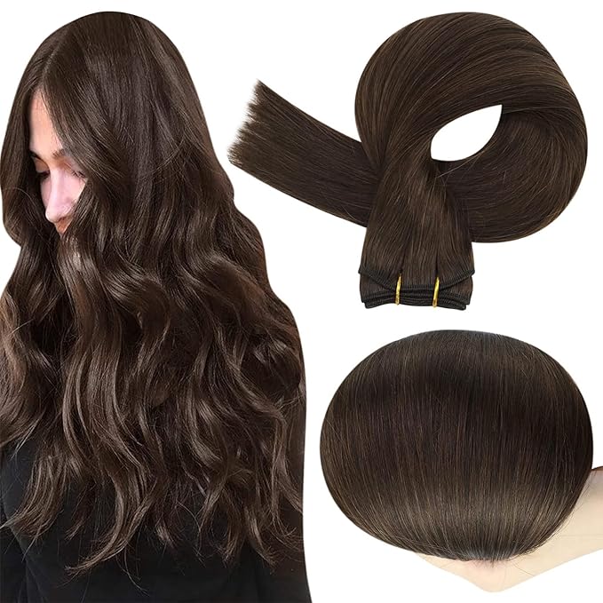 Full Shine Weft Hair Extensions Human Hair Sew In Extensions Remy Human Hair Bundles Color Dark Brown Extensions Remy Straight Hair Silky Weft Sew In Human Hair For Women 50G 10 Inch
