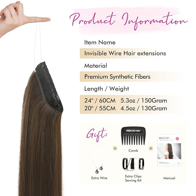 REECHO Invisible Wire Hair Extensions with Transparent Headband Adjustable Size Removable Secure Clips in Straight Secret Hairpiece for Women (20 Inch (Pack of 1), Chestnut Brown)