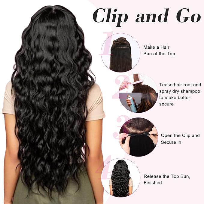 REECHO 24" 1-Pack 3/4 Full Head Curly Wave Clips in on Synthetic Hair Extensions HE008 Hairpieces for Women 5 Clips per Piece-Dark Brown