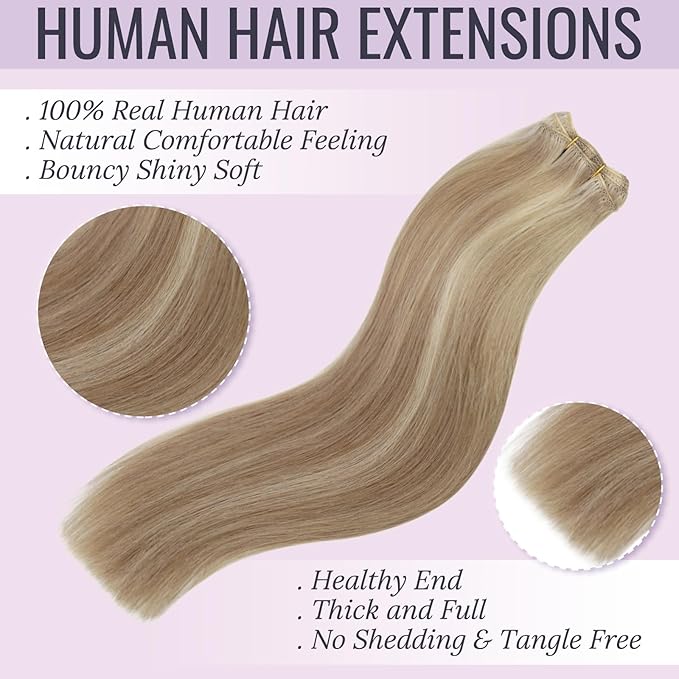 Fshine Weft Hair Extensions Human Hair 20 Inch 100 Gram Highlight Dark Ash Blonde with Golden Blonde Sew in Real Human Straight Bundle One Piece