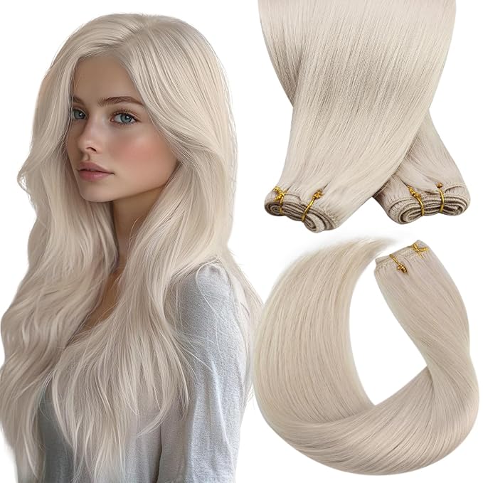 Sunny Hair 24 Inch Weft Hair Extensions Human Hair Platinum Blonde Long Hair Weft Human Hair Extensions Sew in Bundle Human Hair Blonde Can Be Dyed Long Hair Extensions for Women 100g