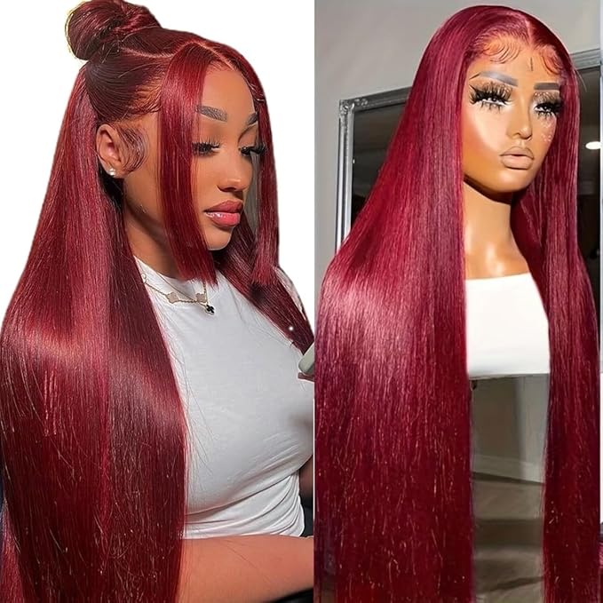 LICHANG 13x6 99J Straight Lace Front Wigs Human Hair Pre Plucked with Baby Hair for Black Women Glueless 24 Inch