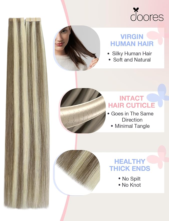 DOORES Invisi Edge Tape in Extensions Human Hair, Light Brown Highlighted Medium Blonde 10 Injection Tape-ins with 10 Classic Tape-ins 50g 22 Inch, Injection Tape in Virgin Human Hair