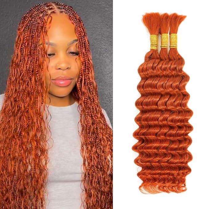 28 inch Ginger Deep Wave Bulk Braiding Hair for Boho Braids No Weft 3 Bundles 150g Deep Wave Human Hair for Braiding Orange Color