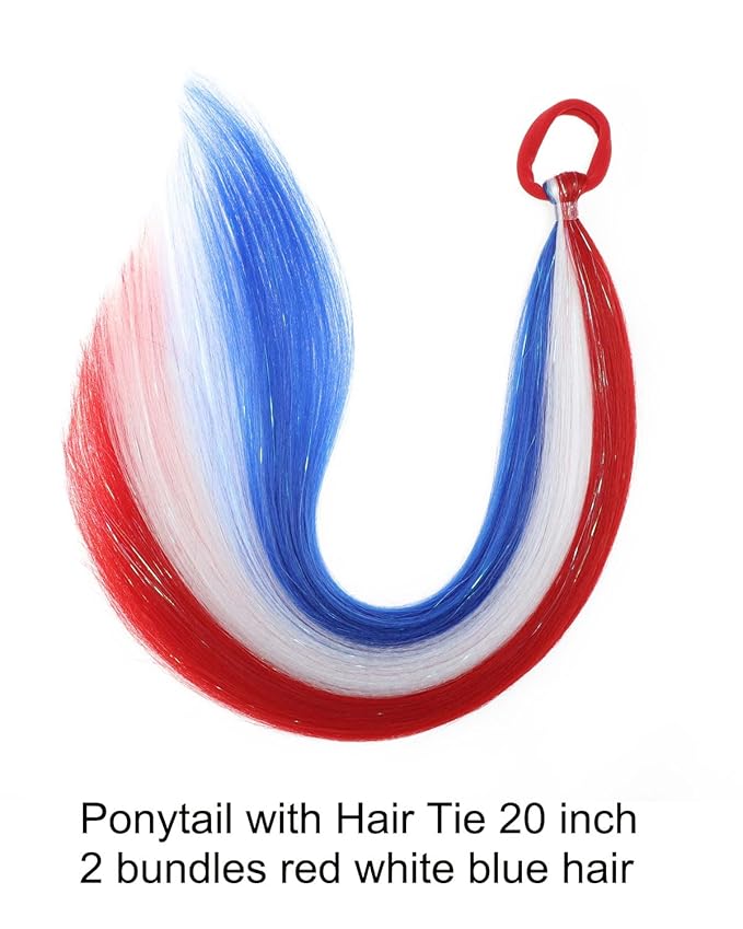 Colored Hair Extensions Red White Blue Ponytail Extension Colorful 2 Packs, 20 inch Crazy Hair Day Accessories for Women, DIY Festival Wacky Rave Braids,Tinsel Mixed