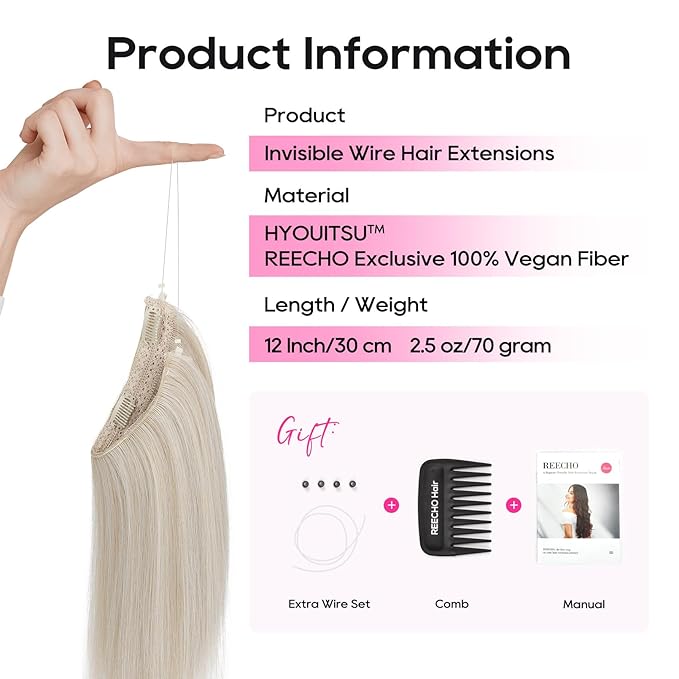 REECHO 12" Invisible Wire Hair Extensions with Thinner Softer Lace Weft Adjustable Size Removable Secure Clips in Short Straight Secret Hairpiece for Women - Pearl Platinum