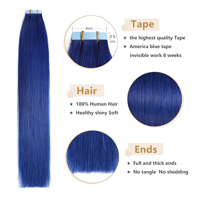 YILITE 20pcs/Pack Blue Tape in Human Hair Extensions - 20inch Seamless Skin Weft Tape-ins (Blue)