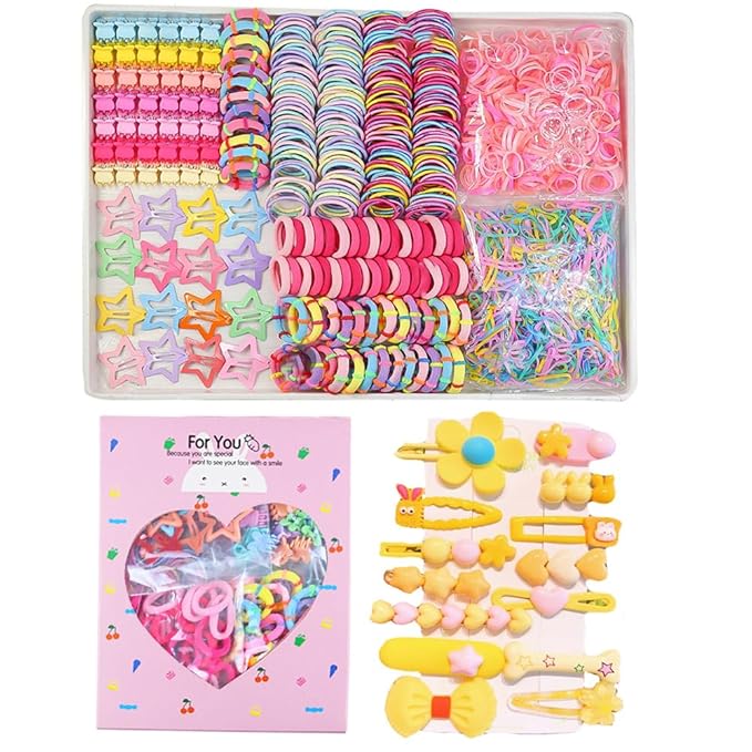 889 pcs Elastic Hair Ties for Girls Hair Accessories Ponytail Holders Colorful Rubber Bands Set with 14 pcs Cute Hair Clip