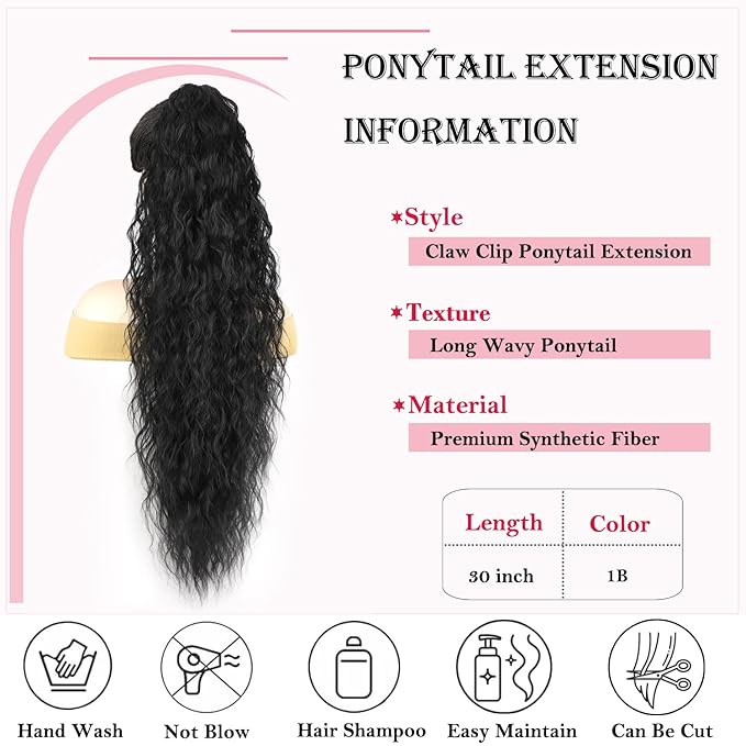 ENBEAUTIFUL 30" Claw Clip Ponytail Extension Long Wavy Ponytail Extension Synthetic Pony Tails Hair Extensions Clip in Synthetic Hair pieces Fluffy Natural Looking for Women Black
