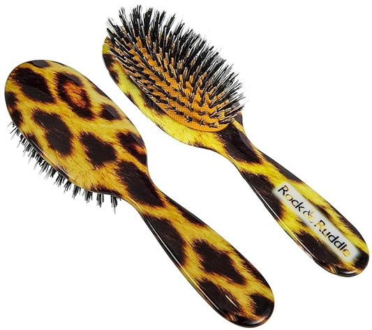 Rock & Ruddle Natural Mixed Boar Bristle Hair Brush for Women and Kids (Small/Travel Size, 17.5cm) - Perfect for Wet or Dry Hair, Detangling Smoothing Blowdrying - Made in UK - Leopard Print Design
