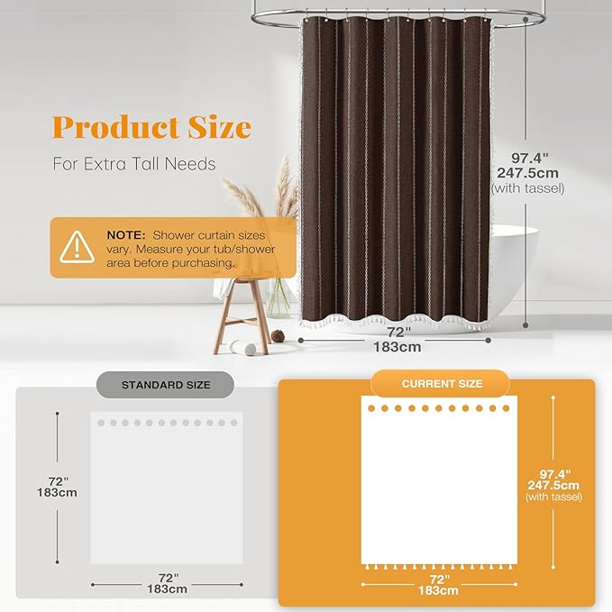 BTTN Boho Farmhouse Shower Curtain - Linen Rustic Heavy Duty Striped Fabric Shower Curtain Set, Bohemian Vintage Country Cloth Shower Curtains for Bathroom, Brown, 72" W x 96" L (Pack of 1)