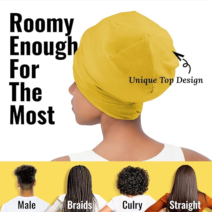 Satin Lined Sleep Cap Bonnet for Curly Hair and Braids, Stay On All Night Hair Wrap with Adjustable Strap for Women and Men, Yellow, Pack of 1