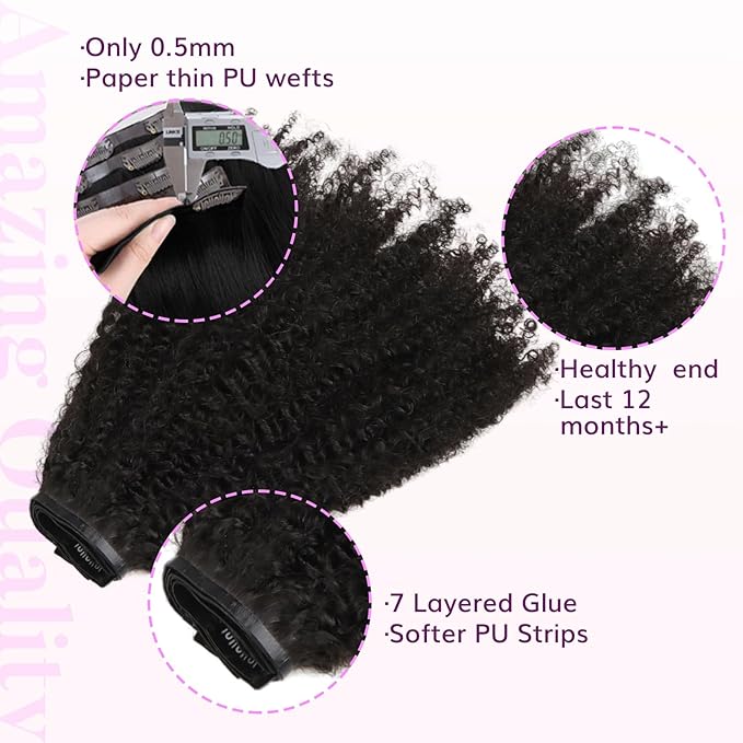 IDN BEAUTY Seamless Clip In Hair Extensions Human Hair, 3c 4a 4c Afro Kinky Curly 20 Inch 110g 7pcs Natural Black Seamless Curly Clip Ins Remy Hair Seamless Clip Ins For Black Women PU Invisible Edge