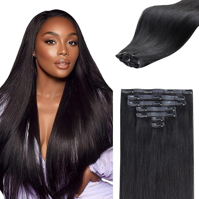 IDN BEAUTY Seamless Clip In Hair Extensions Human Hair, Straight 16 Inch 110g 7pcs Natural Black Real Virgin Human Hair Seamless Clip Ins For Black Women PU Weft Invisible Edge