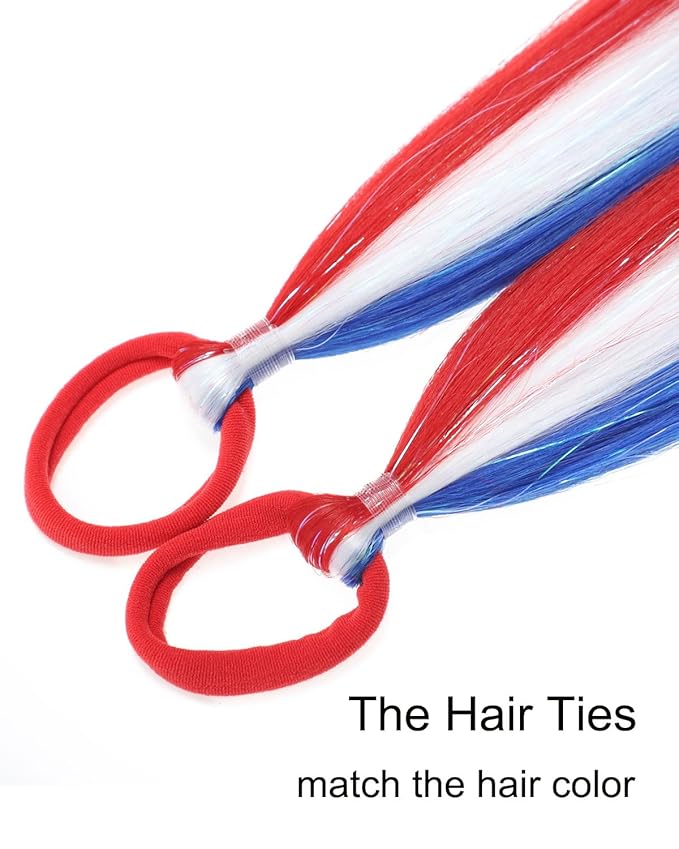 Colored Hair Extensions Red White Blue Ponytail Extension Colorful 2 Packs, 20 inch Crazy Hair Day Accessories for Women, DIY Festival Wacky Rave Braids,Tinsel Mixed