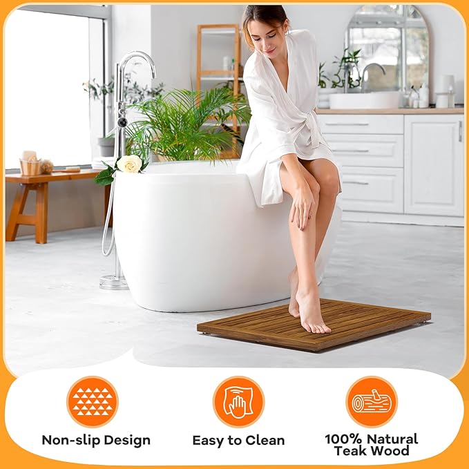 Teak Shower Mat, 24"x18" Wood Non-Slip Bathroom Teak Bath Mats for Bathroom, Wooden Floor Mat Bathroom Mat for Inside, Outdoor or Spa(Medium)