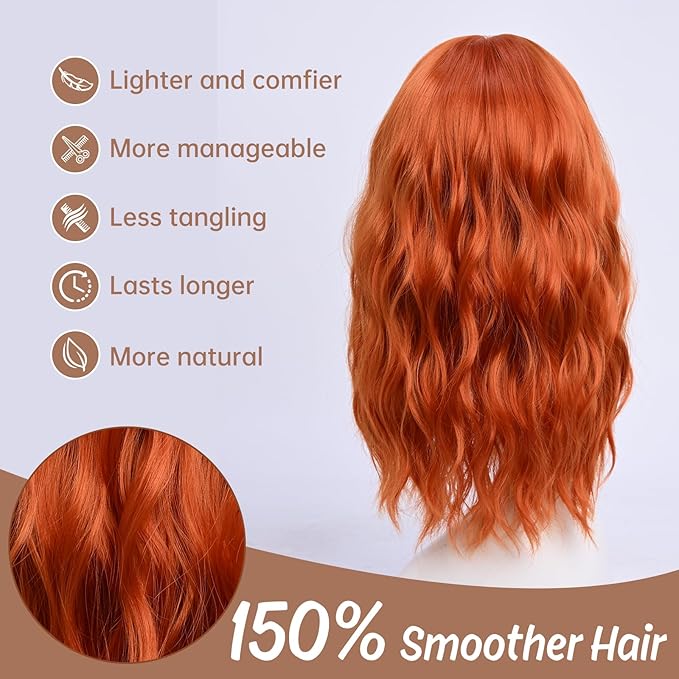 Medium Length Orange Wavy Wigs for Women 18 Inch Middle Part Wavy Orange Wig Natural Looking Synthetic Heat Resistant Fiber Wig for Daily Party Use (18 inch)