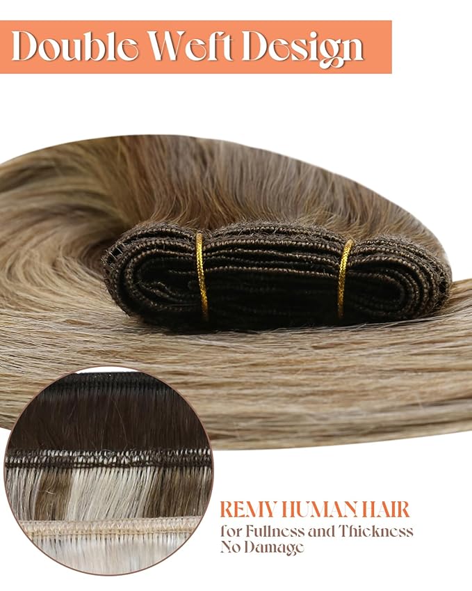 Sunny Hair Human Hair Extensions Sew in Brown Blonde Invisible Weft Hair Extensions Human Hair Thick Hair Wefts Light Brown Balayage Blonde Human Hair Sew in Extensions for Women 20inch 100g