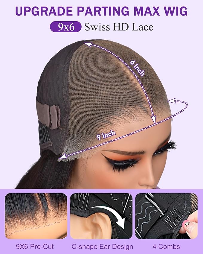 9x6 SKINLIKE Real HD Lace Closure Wig, Straight 180% Density 0.10mm Ultra-thin Swiss Lace Pre-plucked Bleached Small Knots With Baby Hair Glueless Wigs Human Hair 18 Inch