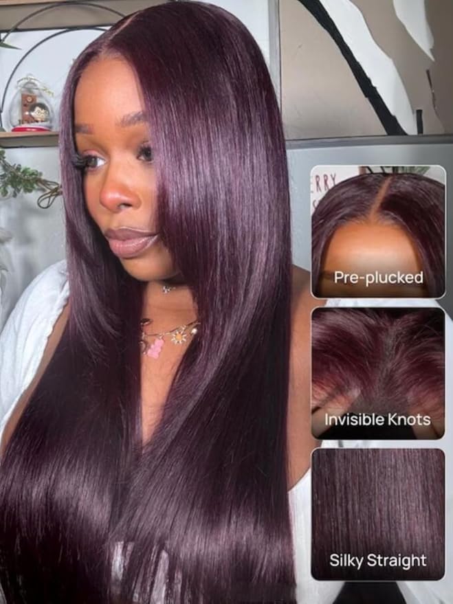 Sunber Black Cherry Layered Straight 13x4 Pre Cut Lace Front Wigs Human Hair Pre Everything Glueless Ready to Go Wig 180% Density Pre Plucked Pre Bleached Invisible Knots Burgundy Plum Straight 20Inch