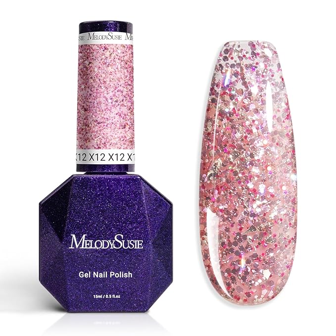 MelodySusie Galaliver Pink Glitter Gel Nail Polish, 15ML Sparkly Light Pink Shimmer Gel Polish Soak Off UV LED Cured Long Lasting Gift for Women DIY Nail Design Nail Art Manicure X12