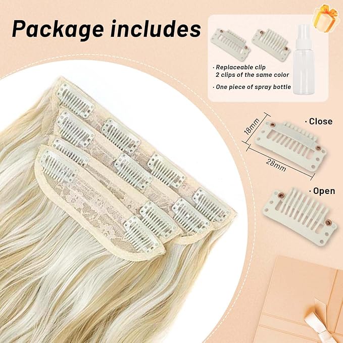 4pcs Highlights Clip in Synthetic Hair Extension for Women Dark Ash Blonde Mixed Bleach Blonde Long Wavy Natural Hairpieces 20 Inch Double Weft Hairpieces Full Head For Women (20INCH, P86/613)