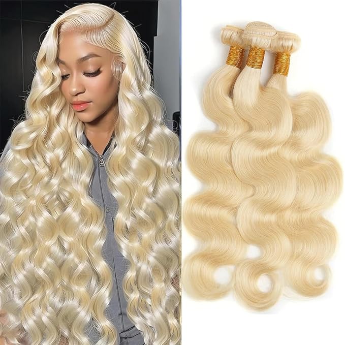 613 Bundles Blonde Human Hair Body Wave Bundles 24 26 28 Inch 100% Unprocessed 12A Grade Brazilian Virgin Hair Extensions for Women Double Weft Quick Weave Full and Thick No Tangle
