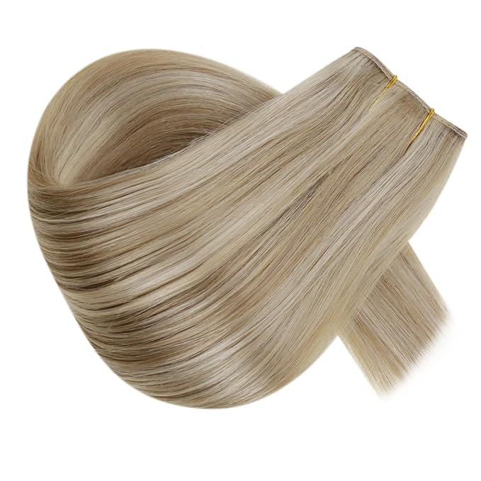RUNATURE Wire Human Hair Extensions, Blonde Hair Extensions with Transparent Fish Line Human Hair, Straight Natural Hair for Women, Double Weft Thick Hair, 20 Inch 100g #16/22Ash Blonde Highlights