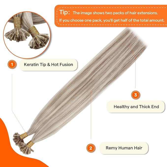 Full Shine Ktip Human Hair Extensions Ash Blonde Highlight Blonde K Tip Hair Extensions Real Human Hair 16 Inch Fusion Extensions Natural Remy Hair for Women 50 Grams