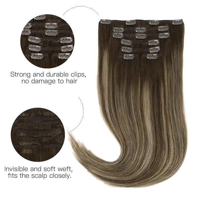 HOTBANANA Human Hair Clip in Hair Extensions, Balayage Chocolate Brown with Honey Blonde 120g Clip in Hair Extensions Real Human Hair Straight Remy Hair Clip Ins Dark Roots Ombre 22 Inch 7pcs