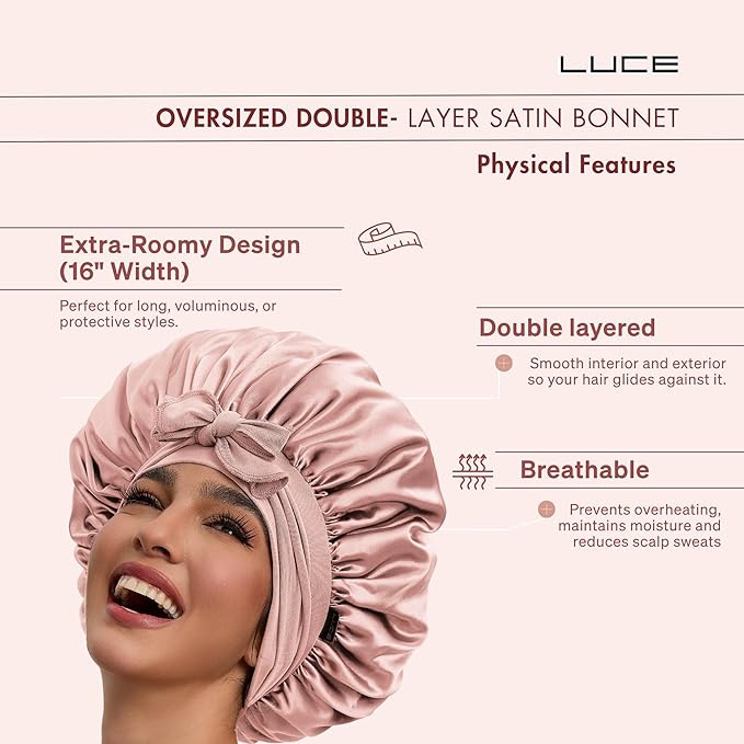 LUCE Satin Bonnet for Sleeping – Adjustable Double Layer Hair Cap for Women, Prevents Frizz & Breakage, Comfortable Night Cap