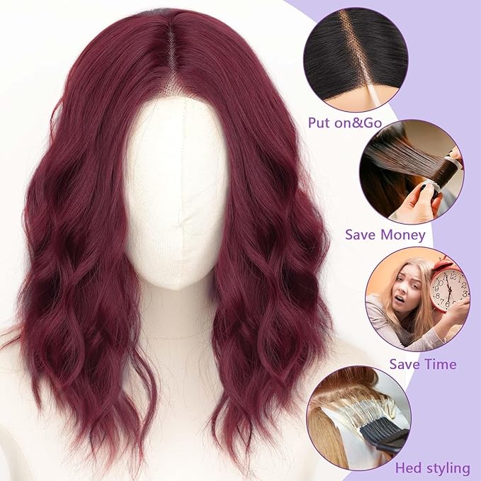 AISI HAIR 14 Inch Wine Red Wigs for Women - Shoulder Length Wave Wig with Pre-Cut Lace Hairline, Middle Part Natural Wavy Bob Synthetic Heat Resistant Fiber for Daily and Party