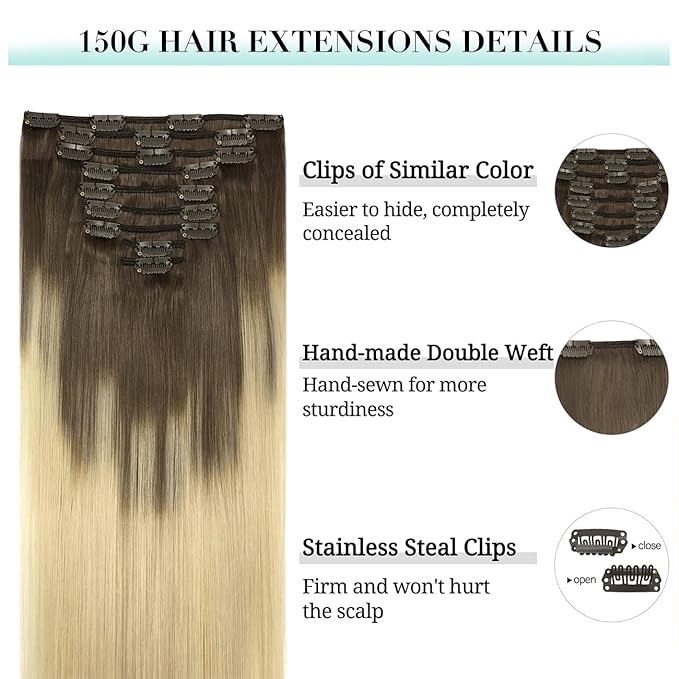 DOORES Hair Extensions Clip in Human Hair - Ash Brown to Platinum Blonde, 24 Inch, 9pcs 150g, Thick Straight Natural Real Hair