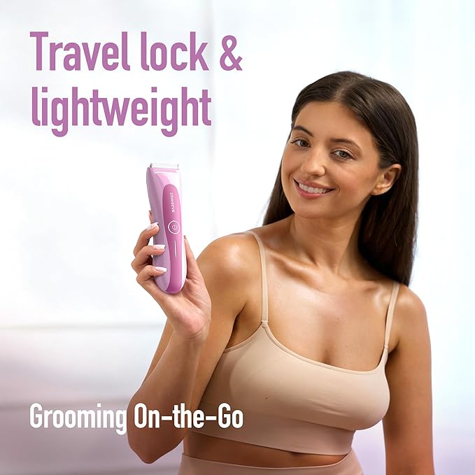BAREWlZE Bikini Trimmer for Women, Pubic Hair Trimmer | LED Light, IPX7 Waterproof, USB-C Rechargeable, Replaceable Ceramic Blade | Electric Razors for Women, Electric Body Hair Shaver (Petal Bonbon)