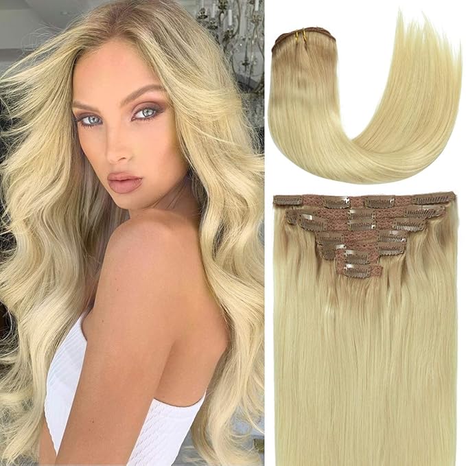 Caliee 14 Inch Human Hair Extensions Clip in Color R12/60 Ombre Light Golden Brown Roots to Platinum Blonde Silky Straight Natural Clip in Hair Extensions Remy Hair 120G 7Pcs for Full Head