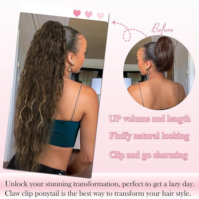ENBEAUTIFUL 30" Claw Clip Ponytail Extension Long Wavy Ponytail Extension Synthetic Pony Tails Hair Extensions Clip in Synthetic Hair pieces for Women