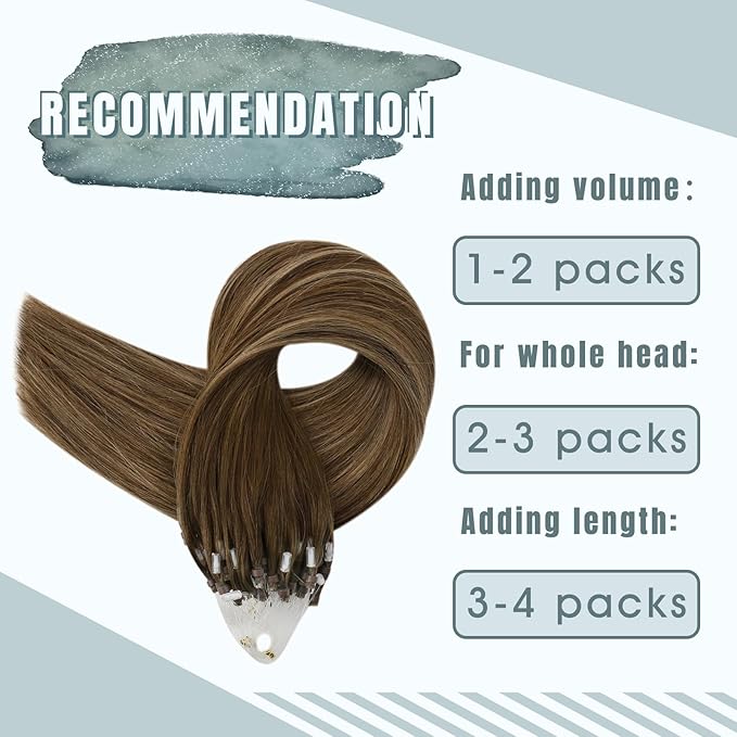 Fshine Micro Ring Human Hair Extensions - Middle Brown Fading to Caramel Highlight, Remy Micro Loop, 20 Inch 50g Balayage Straight Hair