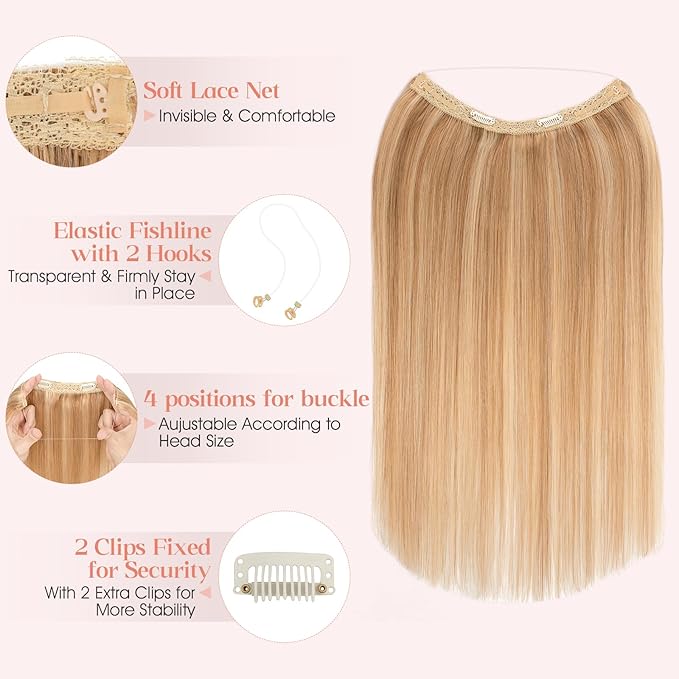 Hairro Wire Hair Extensions Human Hair, Fish Line Invisible Adjustable & Clips in Extensions Straight, 100% Real Hairpieces Seamless Blending for Women, 12 Inch 65g Golden Brown Mix Bleach Blonde