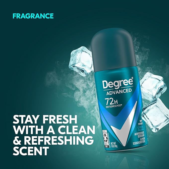 Degree Men’s Travel Deodorant Antiperspirant 6-Pack – 72H Advanced Protection Dry Spray, Cool Rush Scent, 1 Oz Ea
