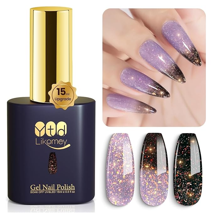 YTD Likomey Brocade Glitter Color Changing Gel Nail Polish,15ml Grayish Purple To Black Shimmer Mood Temperature Change Colors Iridescent Flakes,Fall Winter Ombre Thermal UV Gel,WB348