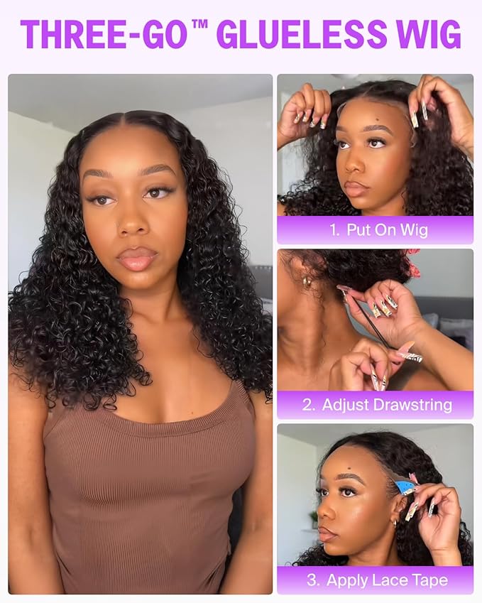 Wear and Go Glueless Wigs Human Hair Pre Plucked Pre Cut Upgraded Ear-to-Ear 13x6 Curly Deep Wave Lace Front Wigs Human Hair 220% Density Glueless Drawstring Pre Bleached Wig 22 Inch