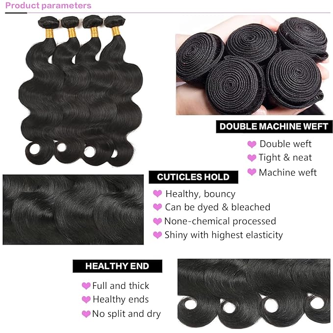 12A Human Hair Bundles 16 18 20 Inch Body Wave Bundles Human Hair 100% Unprocessed Brazilian Virgin Hair Body Wave 3 Bundles Deals Human Hair Extensions Quick Weave For Black Women Natural Black