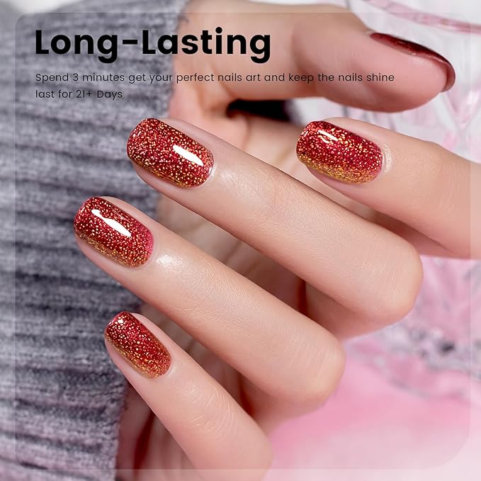 RARJSM Red Chameleon Gel Nail Polish Multichrome Big Flakes Color Changing Glitter Chrome GelPolish Curing Requires Sparkle Shimmer Nail Gel Varnish Soak Off DIY at Home Salon 15ml