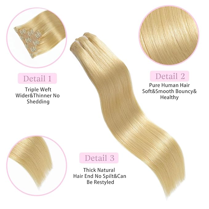 Clip in Hair Extensions Real Human Hair Bleach Blonde 22 inch 7pcs 100g/Pack, Human Hair Clip in Extensions, Salon-Grade Quality, Easy Comfort Wear for Women (#613, 22 inch)