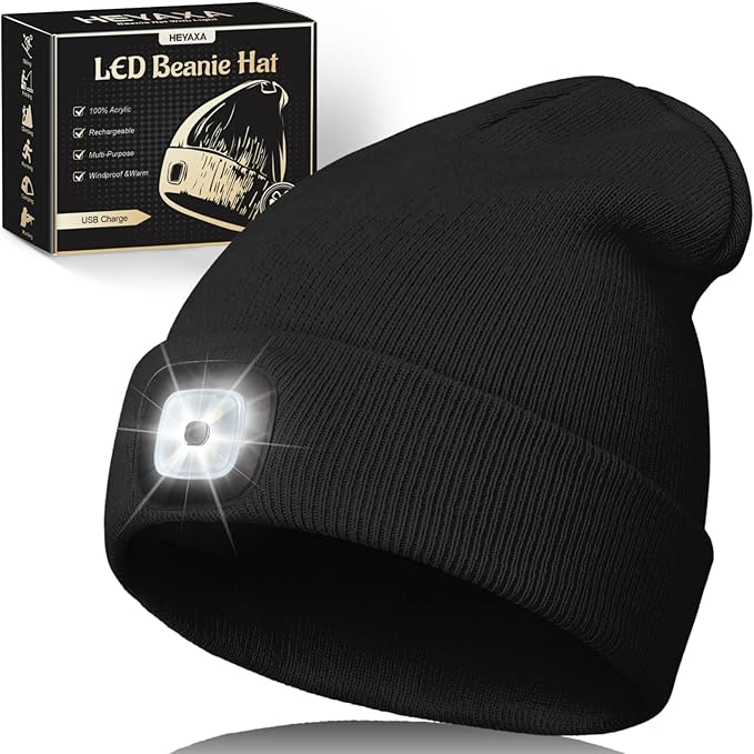 Unisex LED Beanie with Light, Rechargeable Headlamp Hat, Stocking Stuffers Christmas Gifts for Men, Warm Knitted Cap White Elephant Gifts for Dad Adults Teens Men Women Him