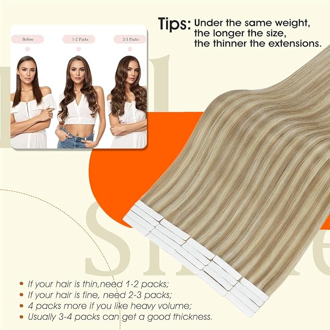 Full Shine Blonde Tape in Hair Extensions Color 16P22 Injected Hair Extensions Tape in 14Inch Seamless Invisible Extension for Fine Thin Hair Cuticles Aligned Short Hair Compatibility 40G 20Pcs