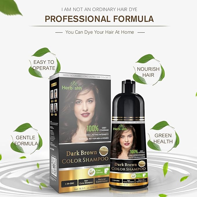 Herbishh Hair Color Shampoo - Magic Dye for Gray Hair, Lasting Color in Minutes - 500 Ml, 3-In-1, Ammonia-Free (Dark Brown)