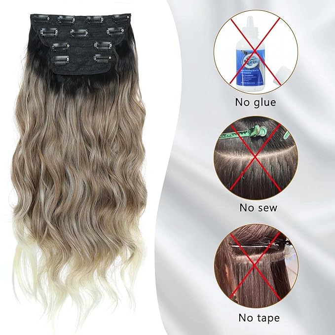 20 Inch Clip in Hair Extensions 4PCS Long Wavy Curly Hair Extensions Thick Hairpieces for Women Synthetic Hair Extension Clip ins Double Weft Hairpieces Full Head for Women (T27/613, 20INCH)
