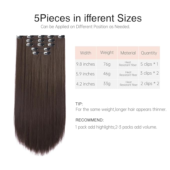 Dark Brown Clip in Hair Extensions 26 Inch Invisible Long Synthetic Extension 5PCS Straight Fake Heat Resistant Clips on Hairpieces for Women Girls Weddings Party Daily Use Full Head 8.1 Oz