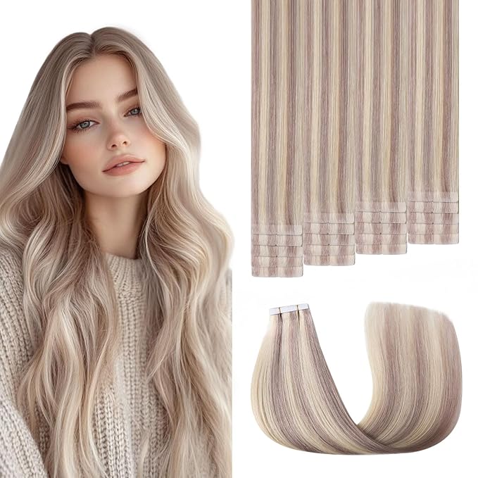 Injection Tape in Hair Extensions Real Human Hair 3rd-Generation #18p613 Ash Blonde with Bleach Blonde 20pcs 35g 16inch Hand-Tied Invisi Edge Invisible Tape ins Extensions（#18p613-16inch）